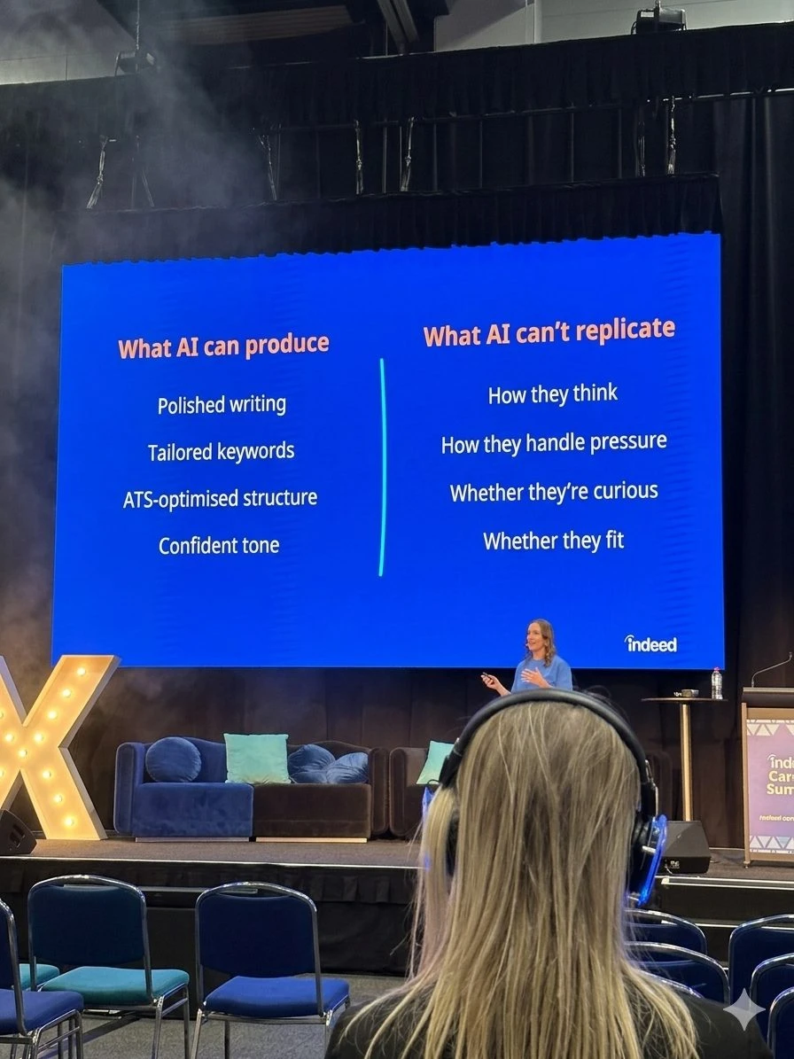 Indeed slide at TalentX Melbourne showing what AI can produce vs what AI can't replicate in recruitment